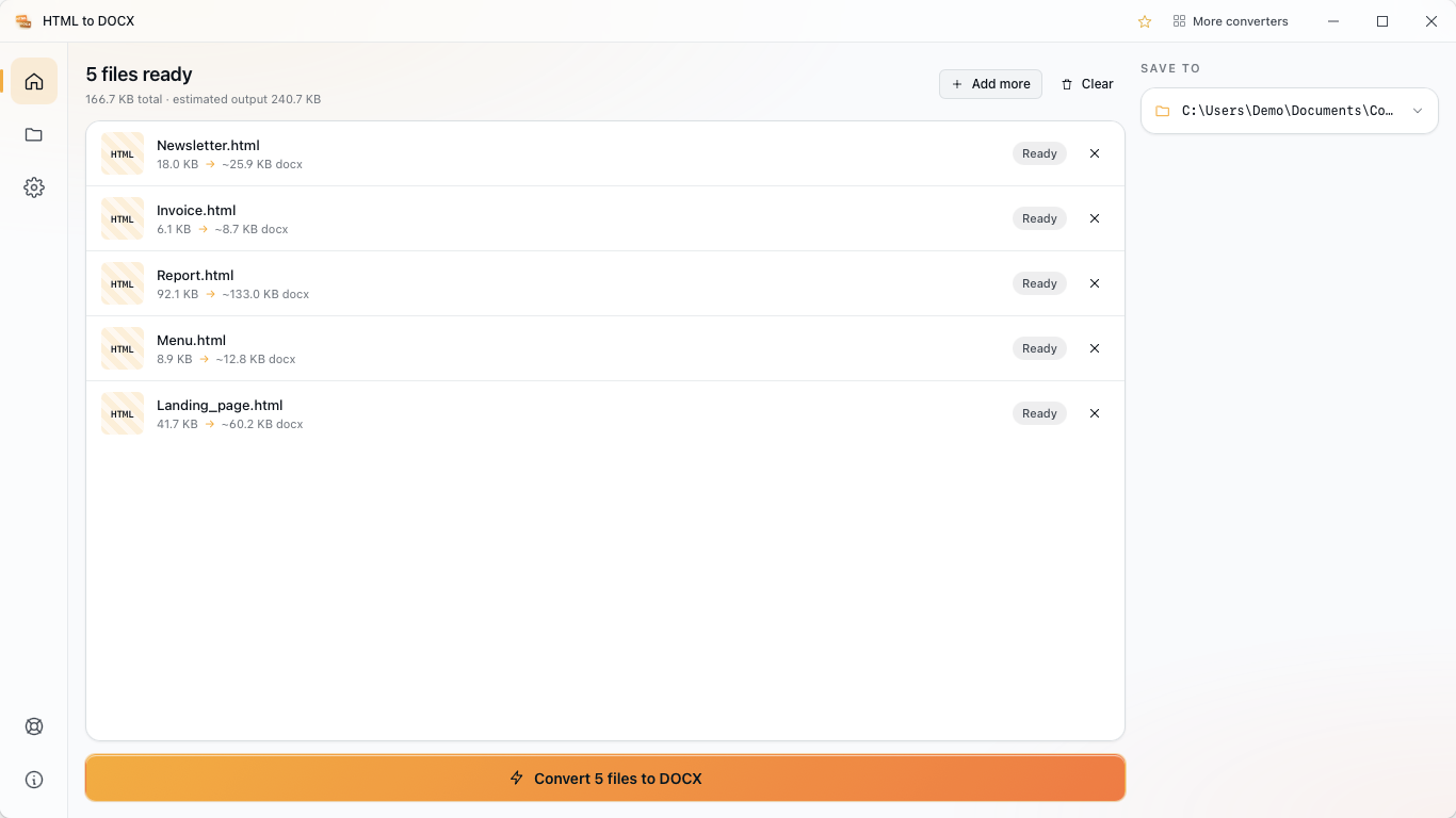 HTML to DOCX converter app on Windows