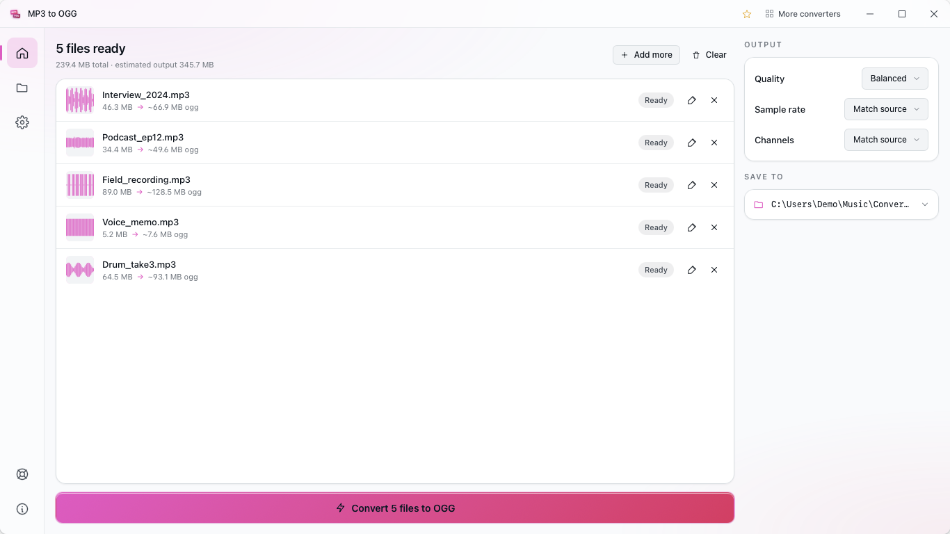 MP3 to OGG converter app on Windows